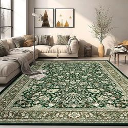 VFROO Area Rug 8x10 Washable Living Room Rug, Vintage Soft Boho Non-Slip/Non-Shedding Print Floor Carpet for Dining Room, Bedroom-Cyan