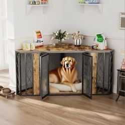 XL Corner Dog Crate Furniture, Decorative Dog Crates Dog Cage TV Stand with Diamond Metal Decoration, Wooden Dog Crate with Double Lock Design, Dog Cr