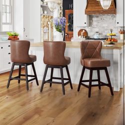 Counter Height Bar Stools Set of 3, 26" H Swivel Bar Stool with Back, Faux Leather Counter Stool, Solid Wood Legs, Retro Upholstered Barstools for Kit