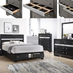 Brand New Black Queen Storage Bedframe + Dresser + Mirror + Nightstand 4PCs Bedroom Set