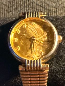 Gold coin face watch gold tone