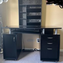 Dark Brown Office Desk + Hutch Bundle – w/ Keyboard Tray & File Drawer