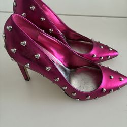 Nine West Pink Satin Studded Heart Heels Pink satin with silver heart-shaped studs  7 1/2