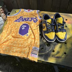 Los Angeles Lakers jersey size small and a pair of Nike Lakers shoes size 12 both in good condition.   The Jersey is a special edition.  It says BAPE 