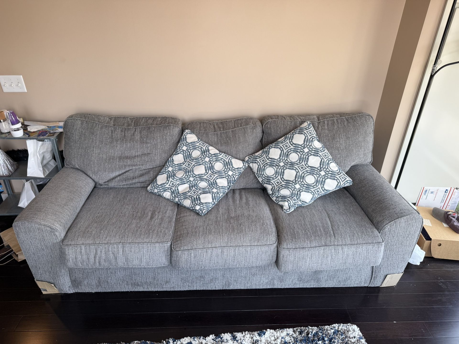 Gray/Silver Couch With 2 Couch Pillows