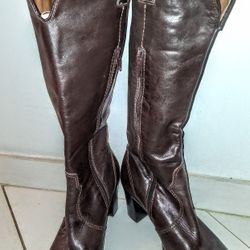 ***👢Brown Leather Upper Mid-Calf! High Heel Boots 👢!