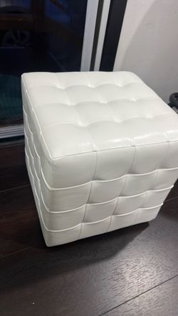 White Tufted Leather Cube Ottoman