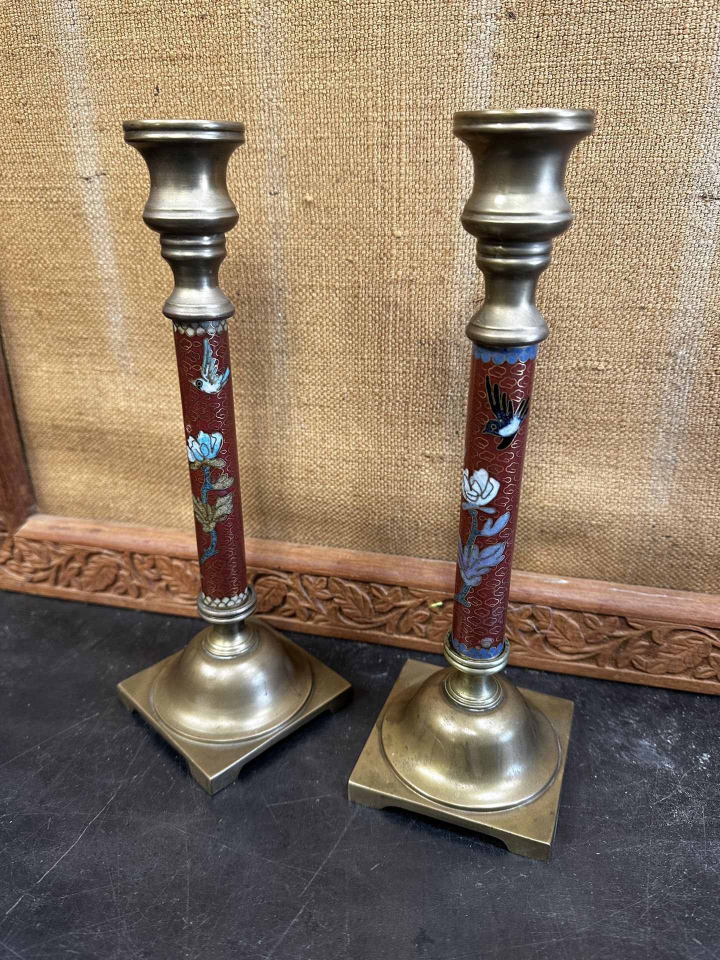 Chinese Cloisonne Enamel Brass Candlestick Holders with Flowers and Flying Birds