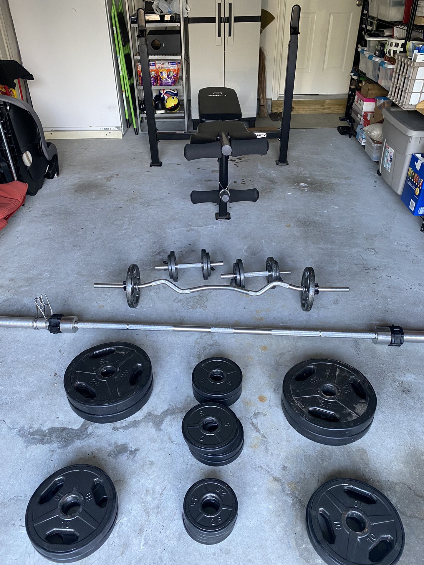 Weights, olympic bar, weight bench