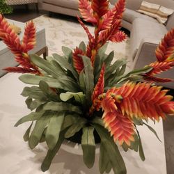 Bromeliad Artificial Silk Floral Arrangement in White Ceramic Pot