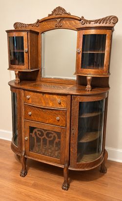 Antique Tiger Oak China Cabinet & Buffet with Beveled Mirror