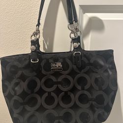 Coach Op Art Signature Tote Bag – Black Canvas Shoulder Purse (Style F15755)