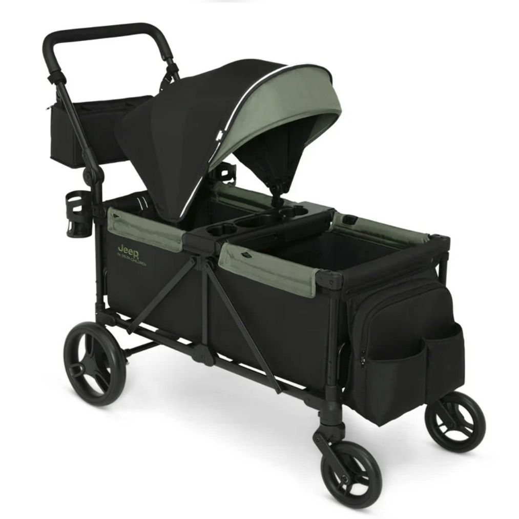 Jeep Sport All-Terrain Stroller Wagon by Delta Children - Includes Canopy, Parent Organizer, Adjustable Handlebar, Snack Tray & Cup Holders, Black/Oli