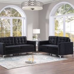 Sofá And Loveseat Black Velvet 
