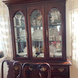 Mahogany Table and Hutch, 2 Leaves  and 6 Chairs; Glass Table Topper