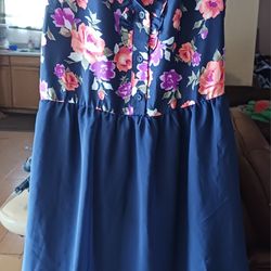 Girls Navy Blue Dress With Flowers Size Medium 7/8