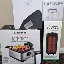 Mini Fridge, Electric Hot Pot and Steamer, Deep Fryer, Karaoke Bluetooth Speaker, and Wireless Powerbank