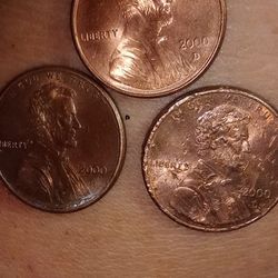 Three 2000 D Lincoln Penny's With Multiple Errors 