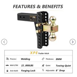 Adjustable Trailer Hitch, Fits 2.5-Inch Receiver, 8-Inch Drop/Rise,2" & 2-5/16" Ball Hitches for Trucks, 22,000 LBS GTW - Receiver Hitch with Anti-The