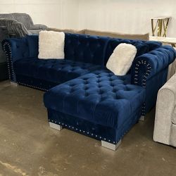 Navy Blue Velvet Sofa Chaise Sectional Floor Model Sale!