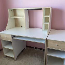 Desk, Hutch And Wheeled Side Table 