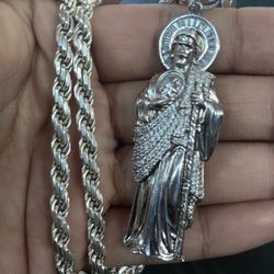 Iced Big San Judas Pendant In 925 Silver with 925 Chain