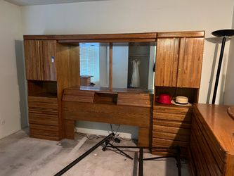 Solid Oak Wood Modular Wall Unit / Headboard with Storage & Mirror