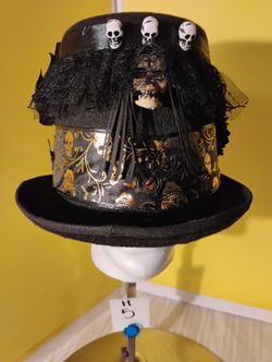 Halloween Hats Black Skull Floral Gold Trim