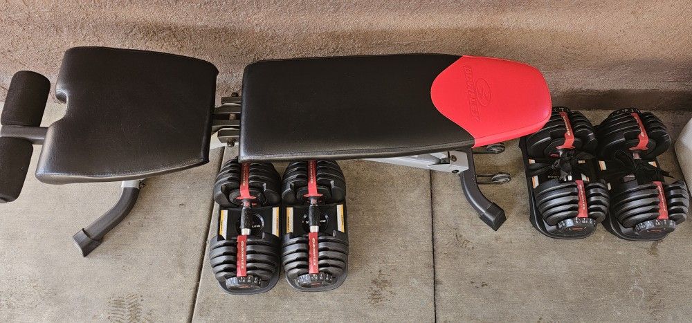 BOWFLEX DUMBELLS ADJUSTABLE 52.5 LIKE NEW WITH BENCH
