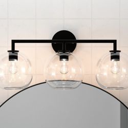 Bathroom Vanity Light – 3 Globe Glass Shade, Black or Brass Finish (Model 5020-3BK / 5020-3BBR)