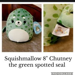 New Squishmallow,  8" Chutney/Green Spotted Seal 