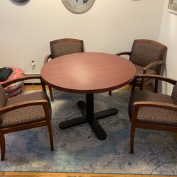 41” L 31” H 4 SOLID CHAIRS  WOOD WITH ROUND TABLE METAL STAND 