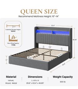 Read Description ↙️Queen Size LED Lift Up Storage Bed Frame Charging Station, Grey