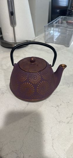 heavy purple stone kettle with mesh strainer