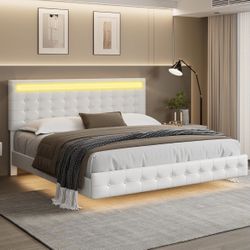 Full Floating Bed with Lights, LED Platform Bed Frame with Under Bed Storage, PU Leather Adjustable Tufted Upholstered Bed, White