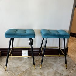 Set of 2 Teal Velvet Counter Height Stools - Black & Gold