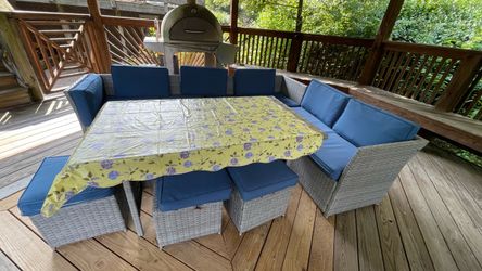7 Piece Outdoor Wicker Sectional Dining Set with Blue Cushions + Waterproof Tablecloth