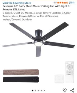 Sevenine 60'' Balck Flush Mount Ceiling Fan with Light & Remote - NEW