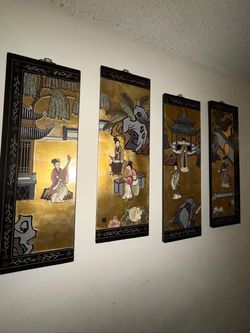 4-Panel set Chinese Black Lacquer and Gold Lead Wall Plaque Set
