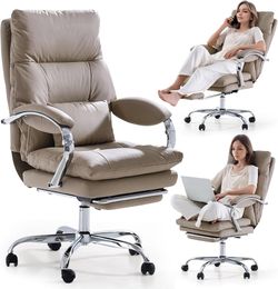 Reclining Office Chair with Foot Rest, Executive Office Chairs with Arms, Ergonomic High Back PU Leather Comfy Swivel Computer Desk Chairs with Wheels