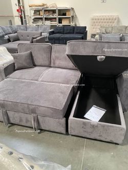NEW Sectional Sofa with STORAGE Chaise Set and Pullout Sleeper Bed Convertible Couch Sofabed Gray Fabric Small Living Room Space Saving Apartment Size