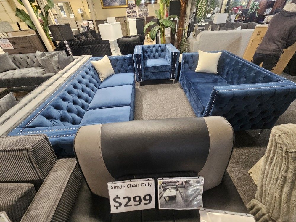 Brand New Blue Velvet Sofa + Loveseat + Chair 3PCs Set