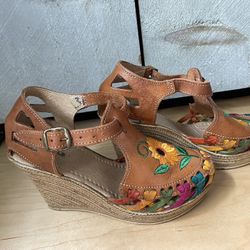 Mexican  Floral Embroidered Wedge Sandals