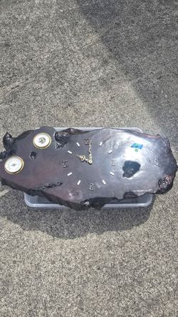 Burl Wood Slab Clock with Compass & Barometer