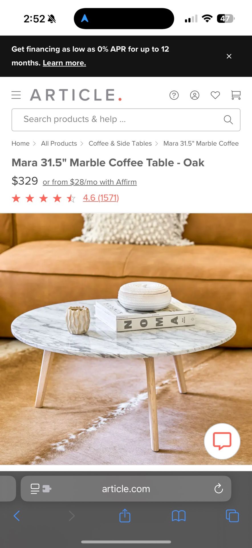Real Marble, Wooden Legs Coffee table from Article