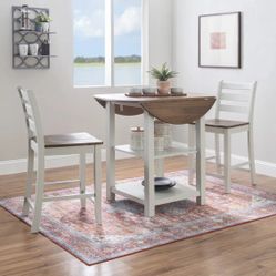 WARM BROWN WIRED BRUSHED WHITE FINISH 3 PIECE ROUND COUNTER HEIGHT DINING TABLE SET DROP LEAF - MESA ALTA