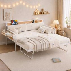 LIKIMIO Daybed with Trundle, Twin Bed Frame, White Pull-Out Trundle Bed, Upholstered Headboard, Side Arm Tables, Industrial Metal Frame, Storage Shelf
