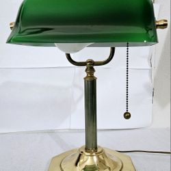 Rare Vintage Bankers Lamp Green Glass Shade 1980s Brass Hexagon Shape Base