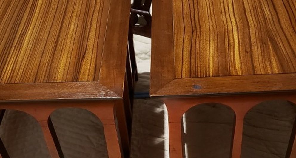 Pair Of Unique Vintage Solid Satinwood Top End Tables / Accent Tables