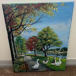 Geese By The Lake- 20x16in Framed Original Canvas